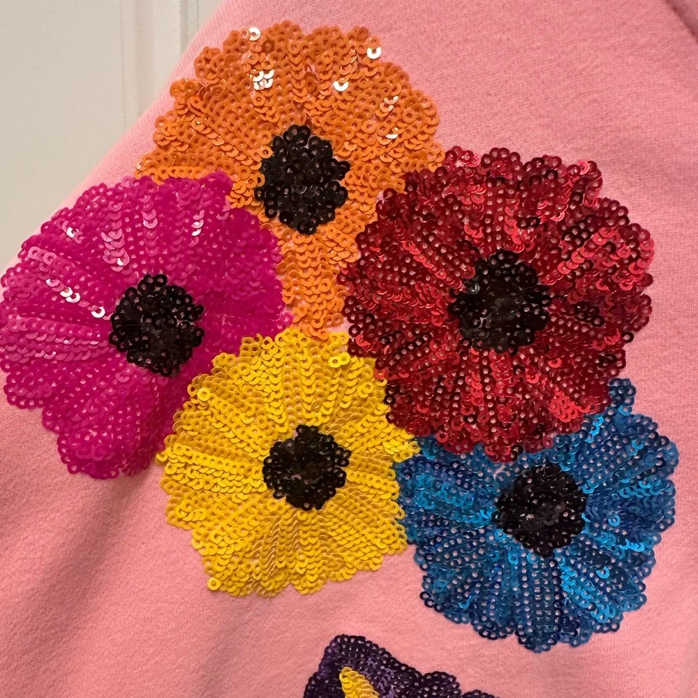 QOS Floral Embroidered Hoodie - Pink & Mint Color-block - Picture 4 of 5